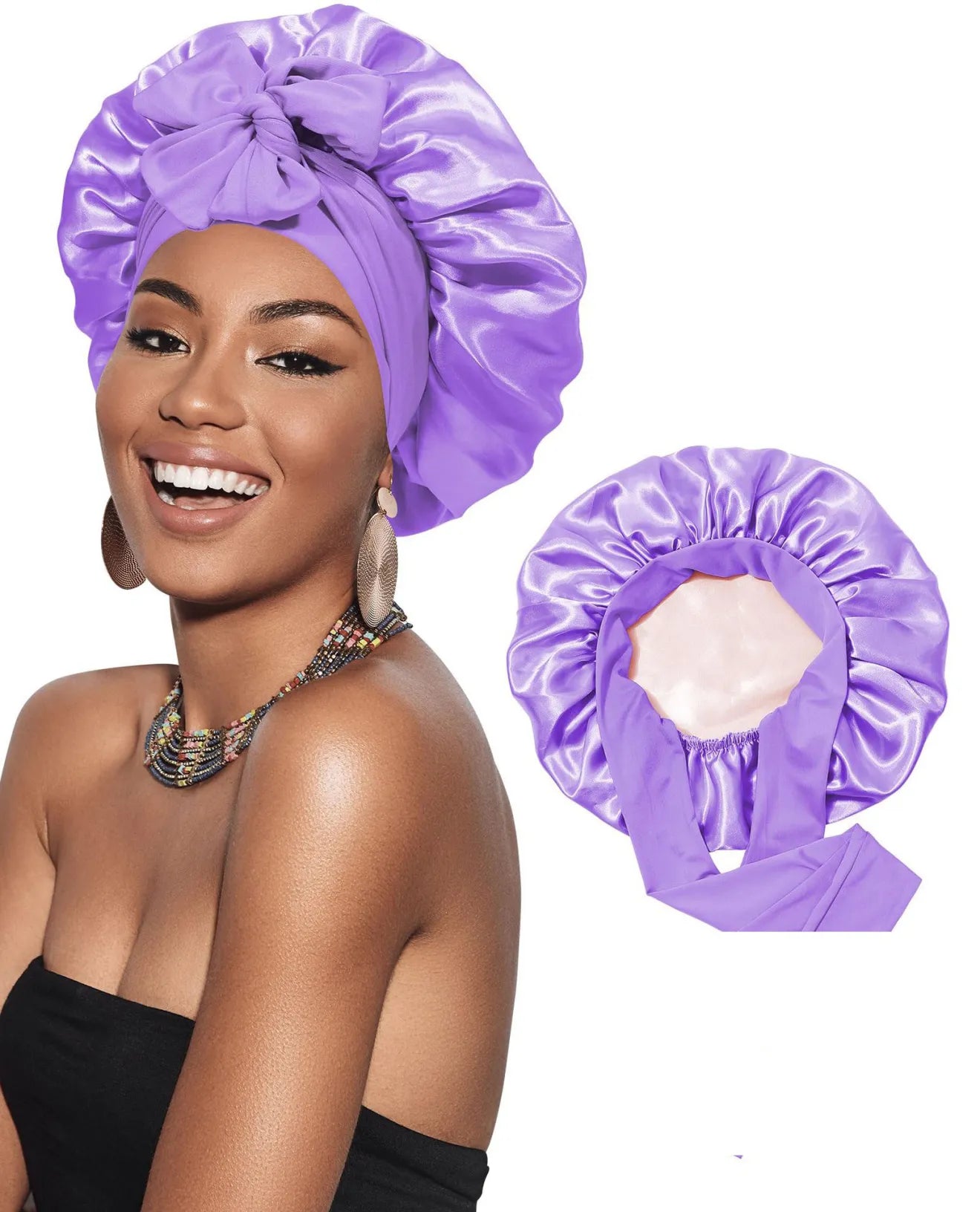 Double-layer Satin Ribbon Round Cap Bow Artificial Silk Beauty Hair Care Wide-brimmed Hat